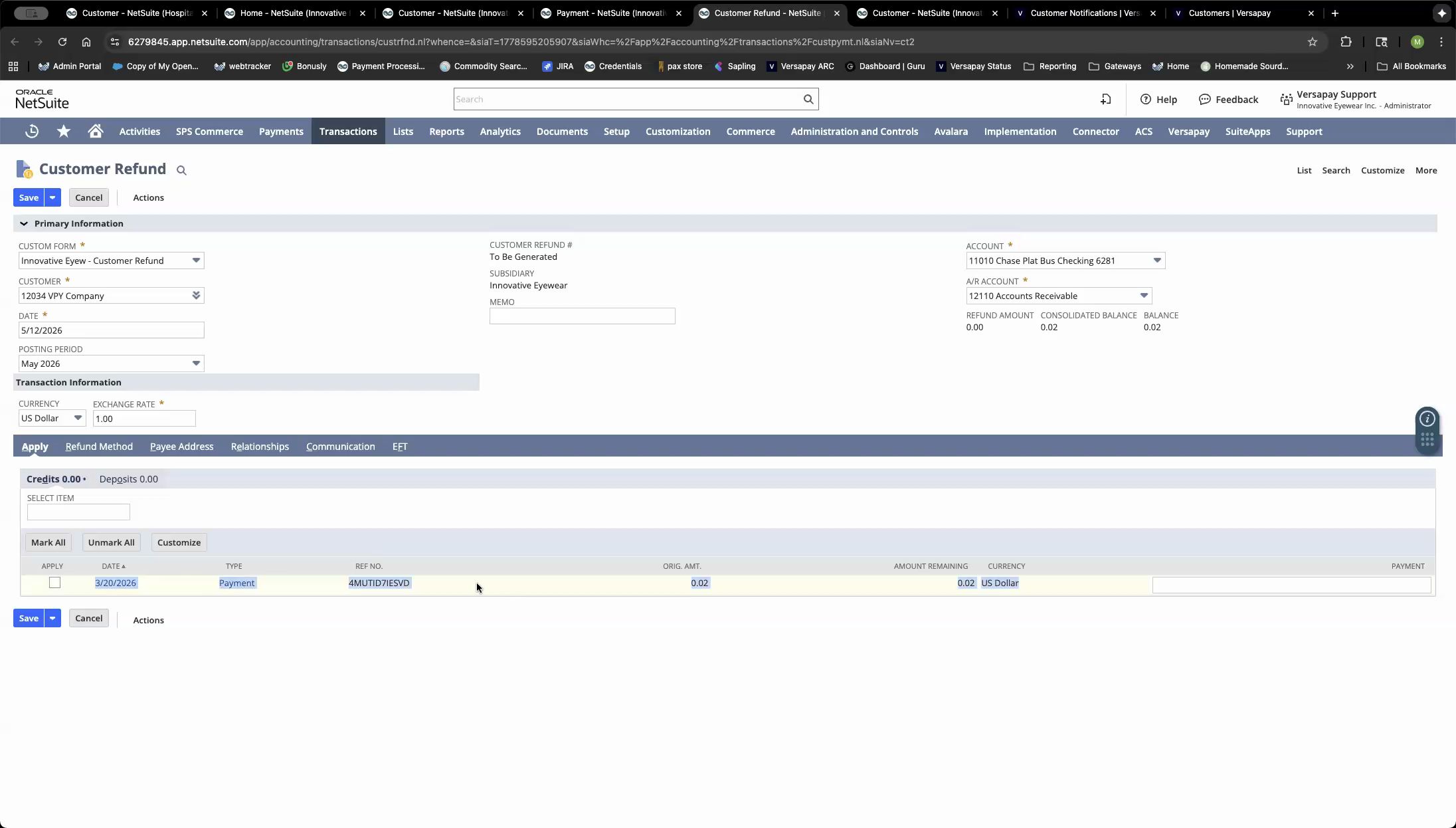 Customer Refund — Apply tab with payment line selected