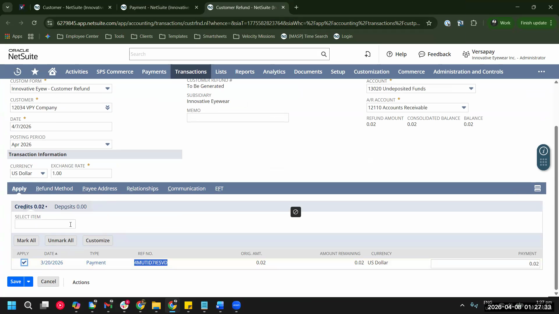 Full Customer Refund form overview