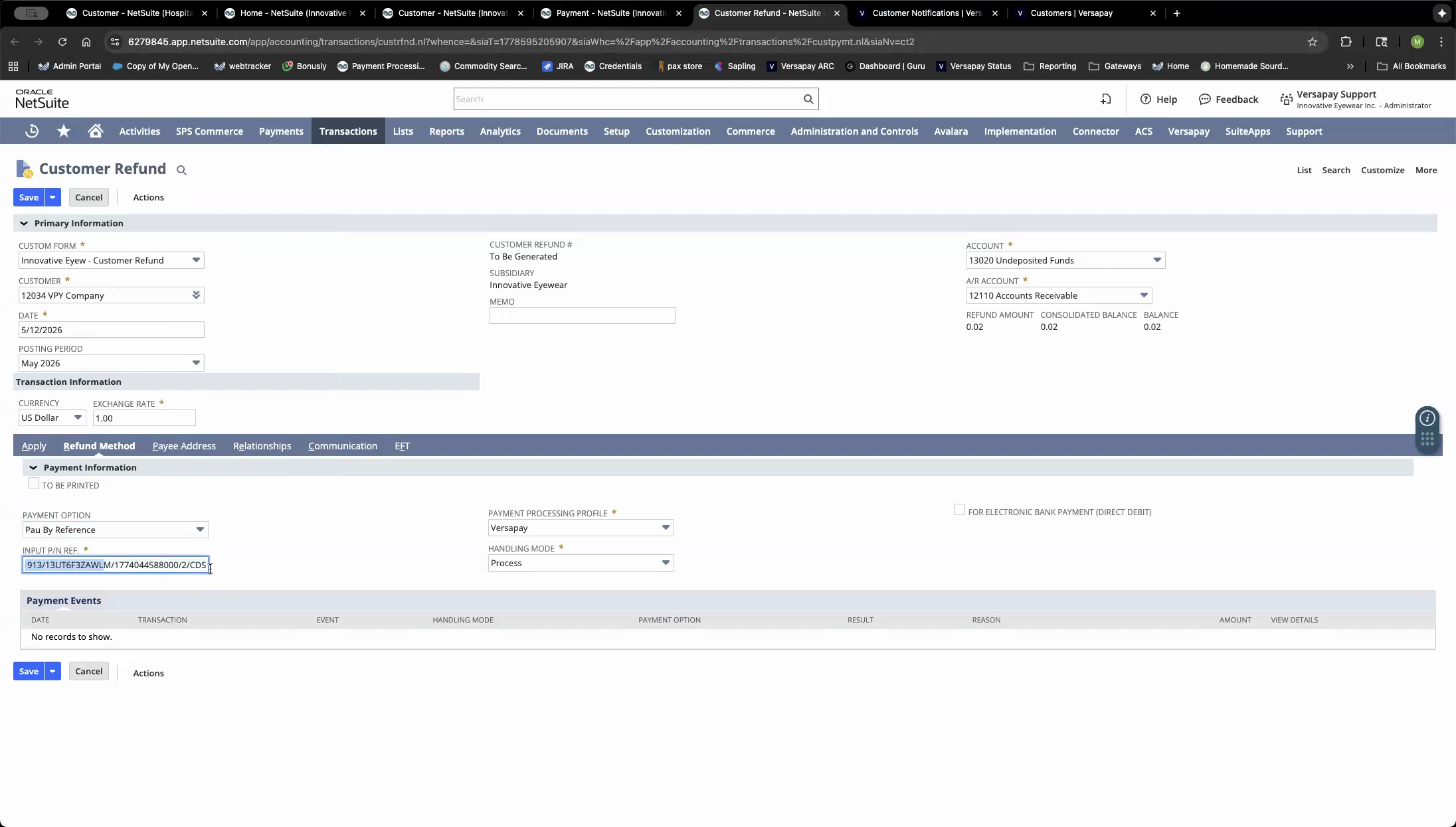 Refund Method tab — Pay by Reference, VersaPay profile, Handling Mode = Process